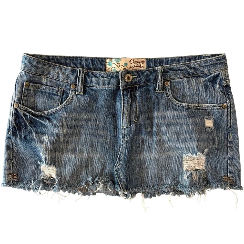 Celebrity pink micro mini denim jean skirt sz 9 Y2K preppy blue raw hem festival